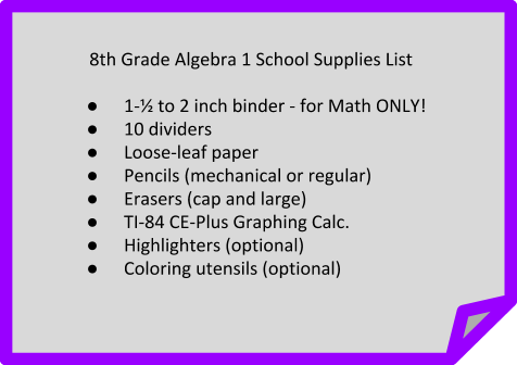 Algebra 1 School Supplies List